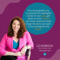 A smiling woman with curly hair sits in a chair, wearing a pink blazer over a blue top. Next to her is a quote about storytelling and growth, featuring the New Year, New Story product name on a purple background.