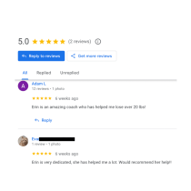 The Google review page for Going Plant-Based (1-on-1 Health Coaching) has a 5.0-star rating from two reviews—one praises Erin’s help with weight loss, while another recommends her for dedication and helpfulness.