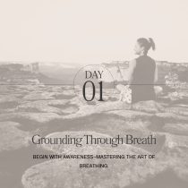 A woman sits cross-legged outdoors above the words Day 01: Grounding Through Breath from Rebellious Habit Reset: 7 Days to Unlock Your Flow—begin with awareness and master your breath as the first step.