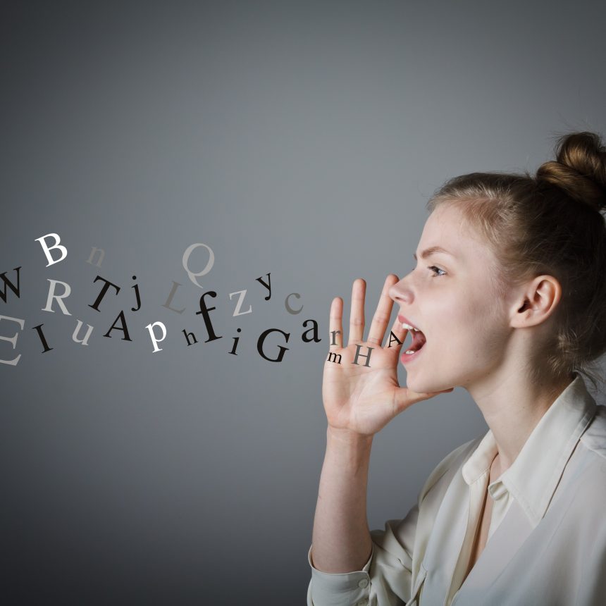 woman yelling with letters coming out of her mouth
