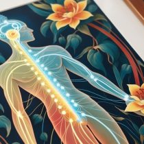 A stylized illustration of a human body with glowing nerves highlighted, set against a dark background with large, colorful flowers and flowing vines.