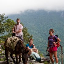 Two women and a man rest on stone steps with a brown mule, backpacks, and hiking gear amid misty Himalayan mountains—immersed in the Annapurna Base Camp Trek Nepal adventure.
