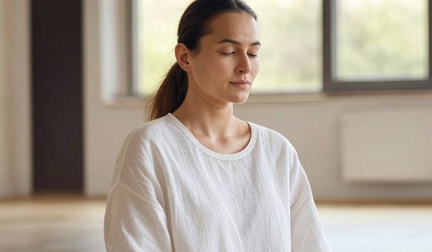 A person with long hair tied back and a loose white shirt sits indoors with eyes closed, calm and meditative, near a window with soft light—reflecting the peaceful mood promoted by Release Your Depression.