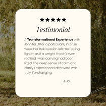 A testimonial reads: “A transformational experience with Jennifer. After a particularly intense week, her Reiki session left me feeling lighter… The deep sense of calm and clarity I experienced afterward was truly life-changing.”.