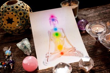 Female silhouette with seven chakras drawn on body. Candles and crystals around the body.