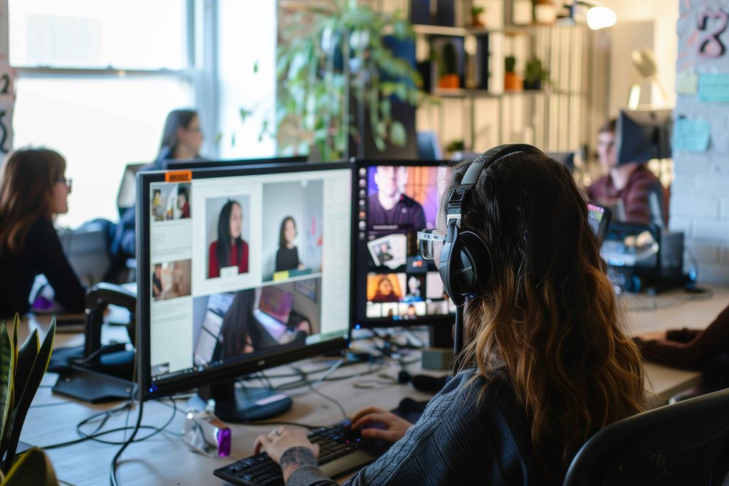 A woman sitting at her desk working on her laptop. She's in the office and behind her are three colleagues also working on their laptops.