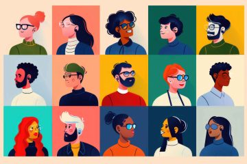 Fifteen colorful illustrations of men and women. All of them appear to be in their 20s and 30s.