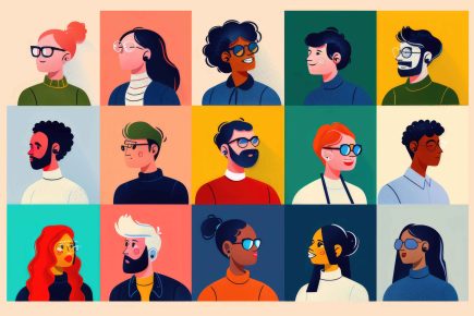 Fifteen colorful illustrations of men and women. All of them appear to be in their 20s and 30s.