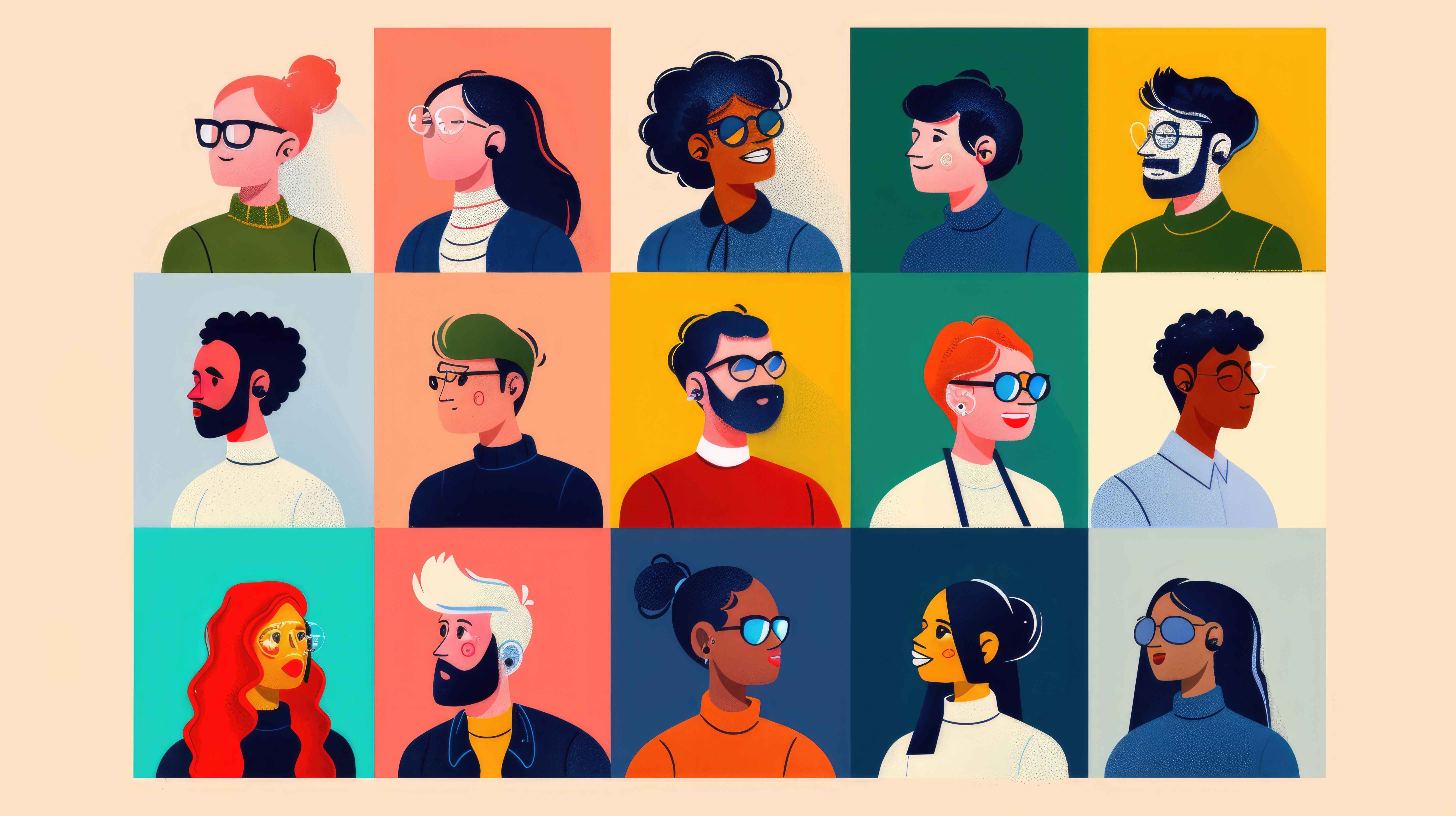 Fifteen colorful illustrations of men and women. All of them appear to be in their 20s and 30s.