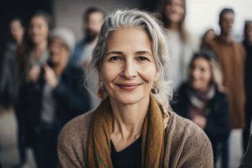 A smiling older woman with gray hair and a brown scarf stands outdoors, with a group of people blurred in the background, creating a warm and friendly atmosphere.