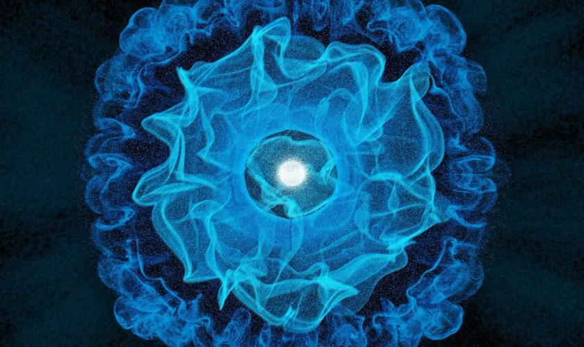 A glowing white orb is surrounded by swirling, wavy blue lines resembling energy or smoke, forming a symmetrical, circular pattern against a dark background.
