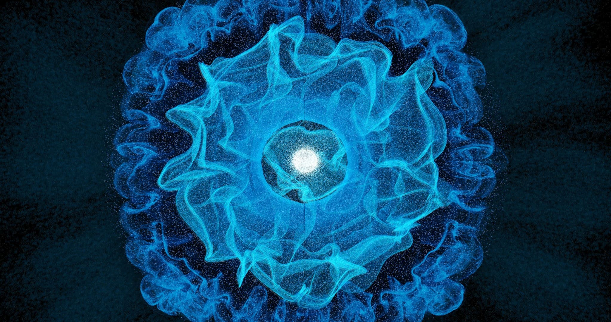 A glowing white orb is surrounded by swirling, wavy blue lines resembling energy or smoke, forming a symmetrical, circular pattern against a dark background.