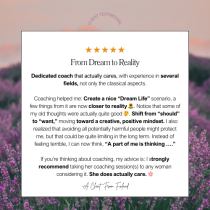 A testimonial graphic with five stars and praise for "One Powerful Shift: To Clarity & Action" for transforming mindset and helping create a Dream Life. Floral background with purple flowers, white text box. Signed A Client From Finland.