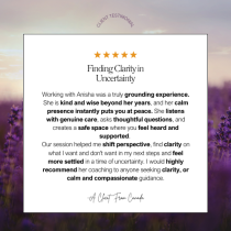 A five-star testimonial praises Anisha’s wisdom, calm presence, and support. The text highlights finding clarity with "One Powerful Shift: To Clarity & Action," set against a blurred purple and green nature background.