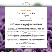 A testimonial from Heidi, Florida, praising "One Powerful Shift: To Clarity & Action" for helping her overcome self-doubt and achieve clarity, appears over a blurred purple flower background, with five stars and "From Self-Doubt to Real Progress" at the top.