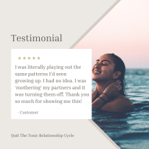 A woman smiles, relaxing in water. Next to her is a 5-star review about overcoming anxious attachment and finding awareness, with the product name "Quit The Toxic Relationship Cycle" displayed at the bottom.