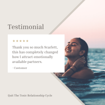 A woman peacefully swims at sunset, eyes closed and smiling. Beside her, a testimonial reads: Thank you so much Scarlett, Quit The Toxic Relationship Cycle has completely changed how I break free from toxic relationships.