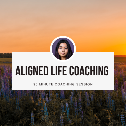 A sunset over a flower field with an Aligned Life Coaching banner, a woman's portrait above, and “90 Minutes to Get Unstuck”—a women’s life coaching clarity session—written below.