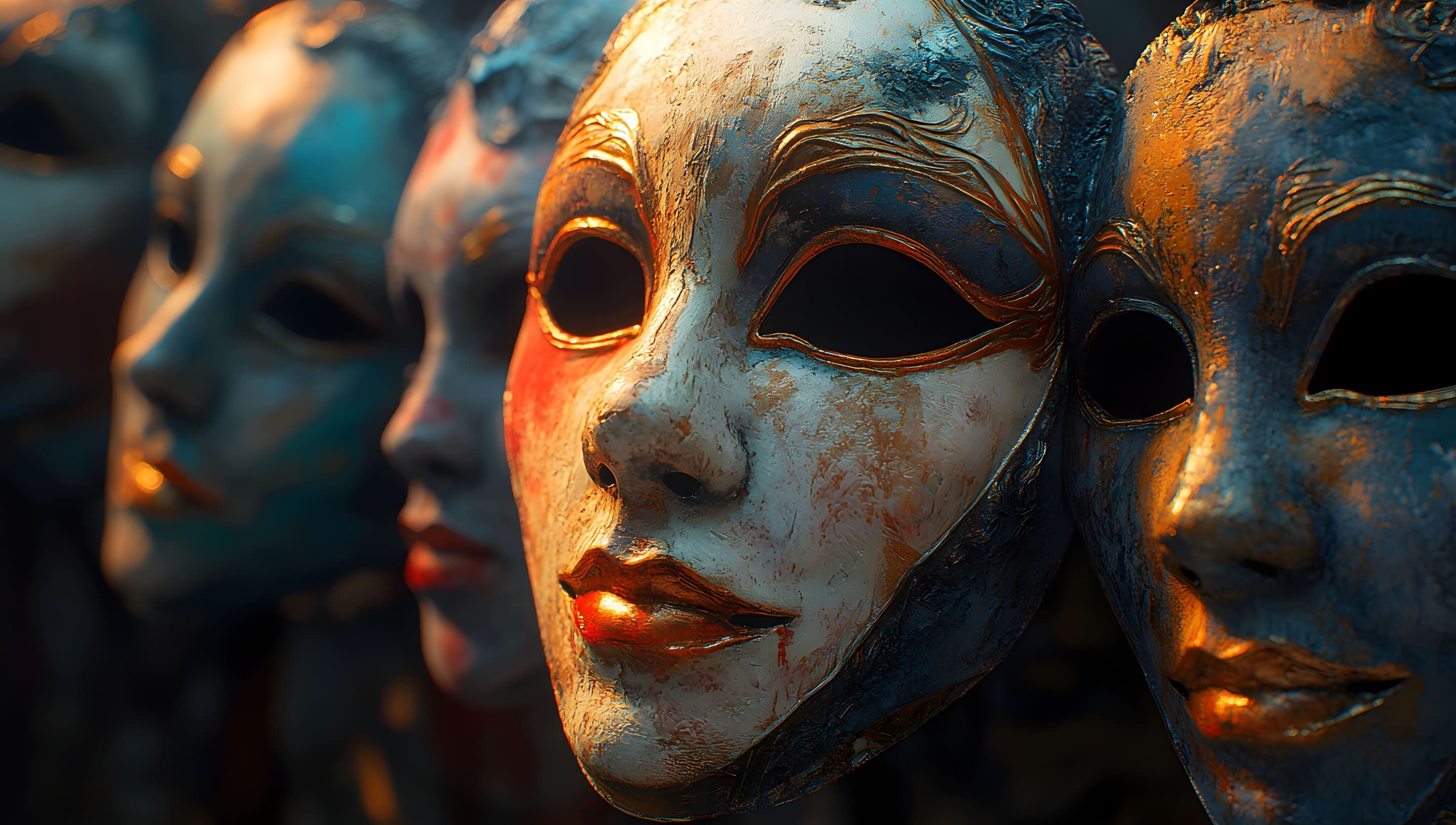 A row of ornate Venetian masks with gold, blue, and red accents. The masks have hollow eyes and detailed facial features, creating a mysterious and dramatic atmosphere. The lighting highlights their textures and metallic sheen.