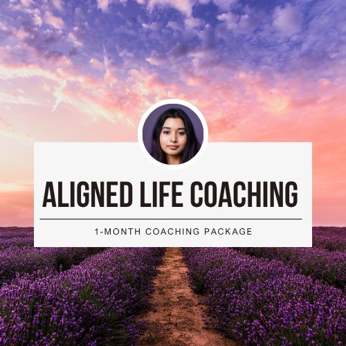A promotional graphic for Aligned Life Coaching shows a woman's photo above bold text, with a lavender field and sunset sky in the background. Text below reads “30 Days To Uncover What You Really Want.”.