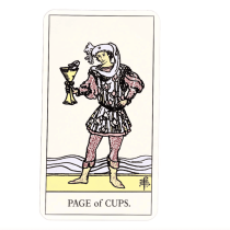 The Tarot Reading features the Page of Cups card, depicting a youth in a patterned tunic and hat, holding a golden cup with a fish emerging from it and waves in the background.