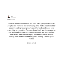 Pedro from Dublin gave a five-star review for the Virtual Laughter Yoga Workshop for Team Building, praising Nistha’s attentiveness and highly recommending this engaging corporate wellness activity for groups of around 20 people.