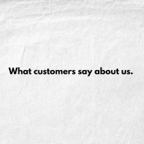 Bold black text reads “What customers say about us.” on a textured, off-white background—ideal for showcasing feedback from our Virtual Happiness Workshop for Team Building.