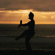 Silhouette of a person practicing martial arts or tai chi on a beach at sunset, with the ocean and dramatic orange sky in the background.