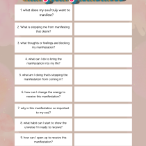 A worksheet titled manifesting with tarot features ten numbered questions with blank spaces beside each for answers, set against a pink, watercolor-style background.