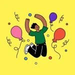 A happy person jumps with arms raised among colorful balloons, streamers, and confetti on a bright yellow background.