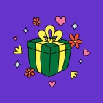 A Plentiful Gift Card featuring a green gift box with yellow ribbon and bow, surrounded by red flowers, pink hearts, yellow heart shapes, and sparkles on a purple background.