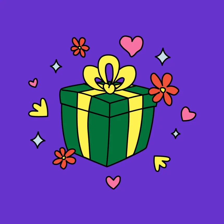 A Plentiful Gift Card featuring a green gift box with yellow ribbon and bow, surrounded by red flowers, pink hearts, yellow heart shapes, and sparkles on a purple background.