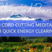 A mountain landscape with wildflowers in the foreground and text: Overwhelm to Calm – 1:1 Guided Meditation. Release and renew with a 7 min cord cutting meditation for quick energy clearing.