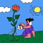 A person with long dark hair, wearing purple overalls and a white shirt, kneels on grass and waters a large flower with a watering can. The sky is blue with clouds and a bright sun.