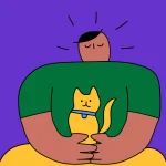 A person with closed eyes and a calm expression is holding a yellow cat on their lap, against a purple background. The cat wears a blue collar. The overall illustration is simple and colorful.