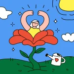 A person in a yellow top stands with raised arms, emerging from a large red flower on green grass. A watering can with a heart is nearby. The sky is blue with clouds, a bright sun, and sparkling stars.