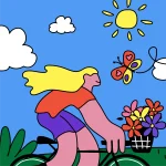 Colorful illustration of a person with long blonde hair riding a bicycle with a basket of flowers, under a sunny sky with clouds. A butterfly with heart patterns flies nearby.