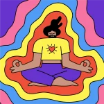 A person with long hair sits cross-legged, meditating with hands in a mudra. They wear a yellow shirt with a red heart and purple pants. Colorful wavy lines radiate outward, creating a vivid, psychedelic background.
