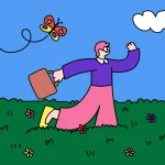 A cartoon person with pink hair and glasses chases a flying butterfly in a grassy field with colorful flowers, holding a brown bag, under a blue sky with a white cloud.