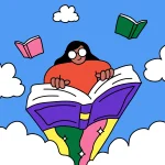 A person with glasses holds a large open book that emits a rainbow trail. Two smaller books float nearby, all surrounded by fluffy clouds and a blue sky.