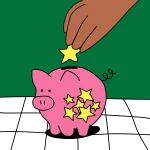 A hand places a yellow star into a pink piggy bank covered with more yellow stars, set on a tiled surface with a green background.