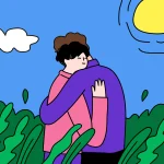 Two people embrace warmly in a green field under a bright blue sky with a yellow sun and a white cloud. One wears pink, the other purple, and they are surrounded by leafy plants. The scene feels peaceful and affectionate.