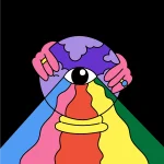 A surreal illustration of two pink hands holding a purple sphere with an eye in the center. Colorful beams and wavy stripes in blue, red, yellow, and green stream downward from the eye on a black background.
