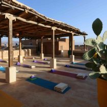 Colorful mats, towels, and blocks are set up under a wooden pergola at the Morocco Yoga Retreat: Explore two magical, with a large potted cactus in front and clear blue skies behind.