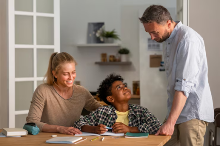 A smiling woman and a young boy sit at a table with books and papers. The boy looks up at a man standing beside them, who is leaning in and talking to him. They appear to be working on homework together.