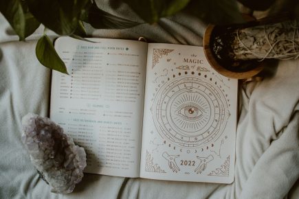 An open journal lies on a soft, light fabric. One page lists moon dates and astrology info for 2022; the other has a mystical eye design, stars, and “The Magic 2022.” An amethyst crystal and sage bundle rest nearby.