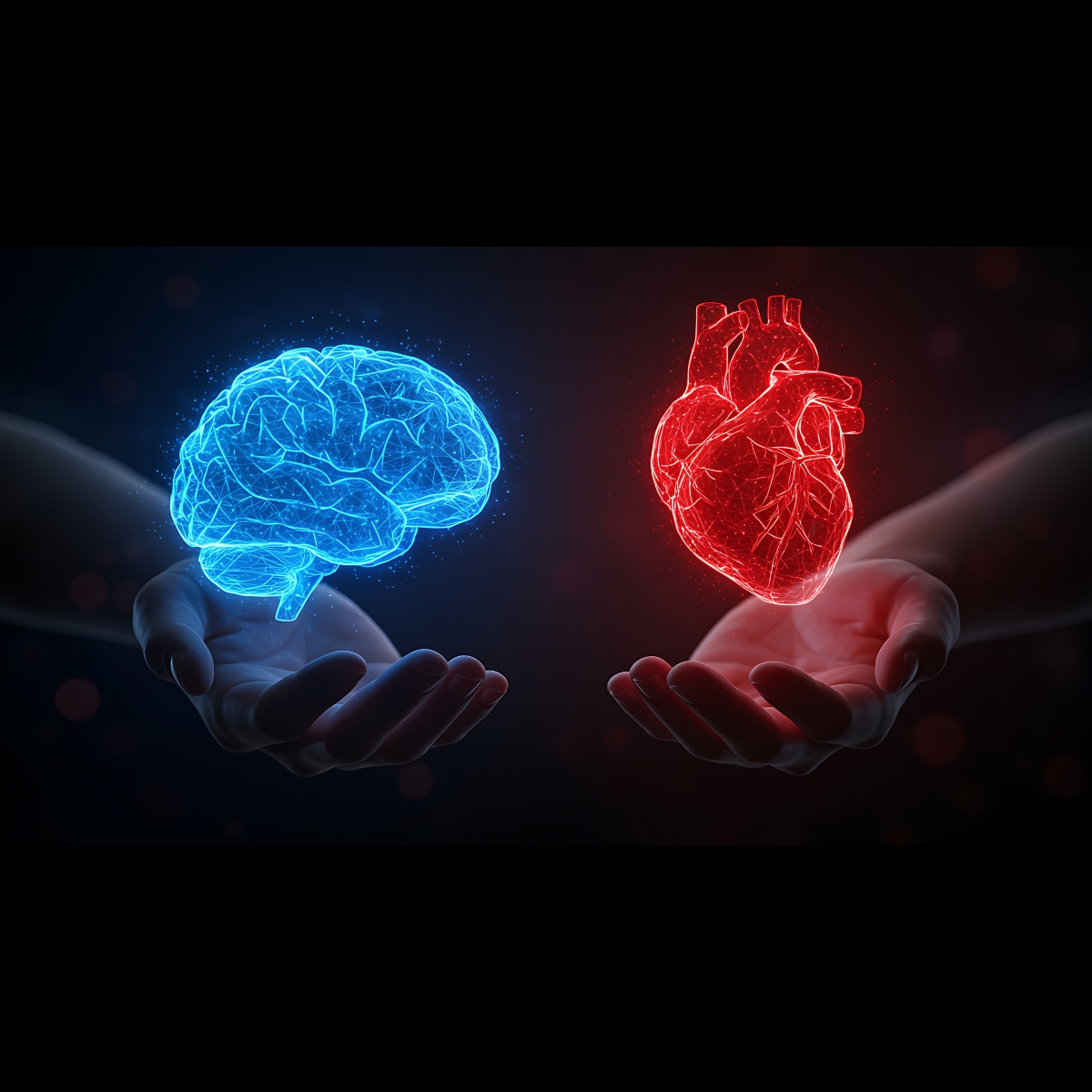 A person holds a glowing blue brain and red heart, symbolizing the balance of logic and emotion, to illustrate the mind-body connection. This image represents "Healthy Body, Healthy Mind" against a dark background.