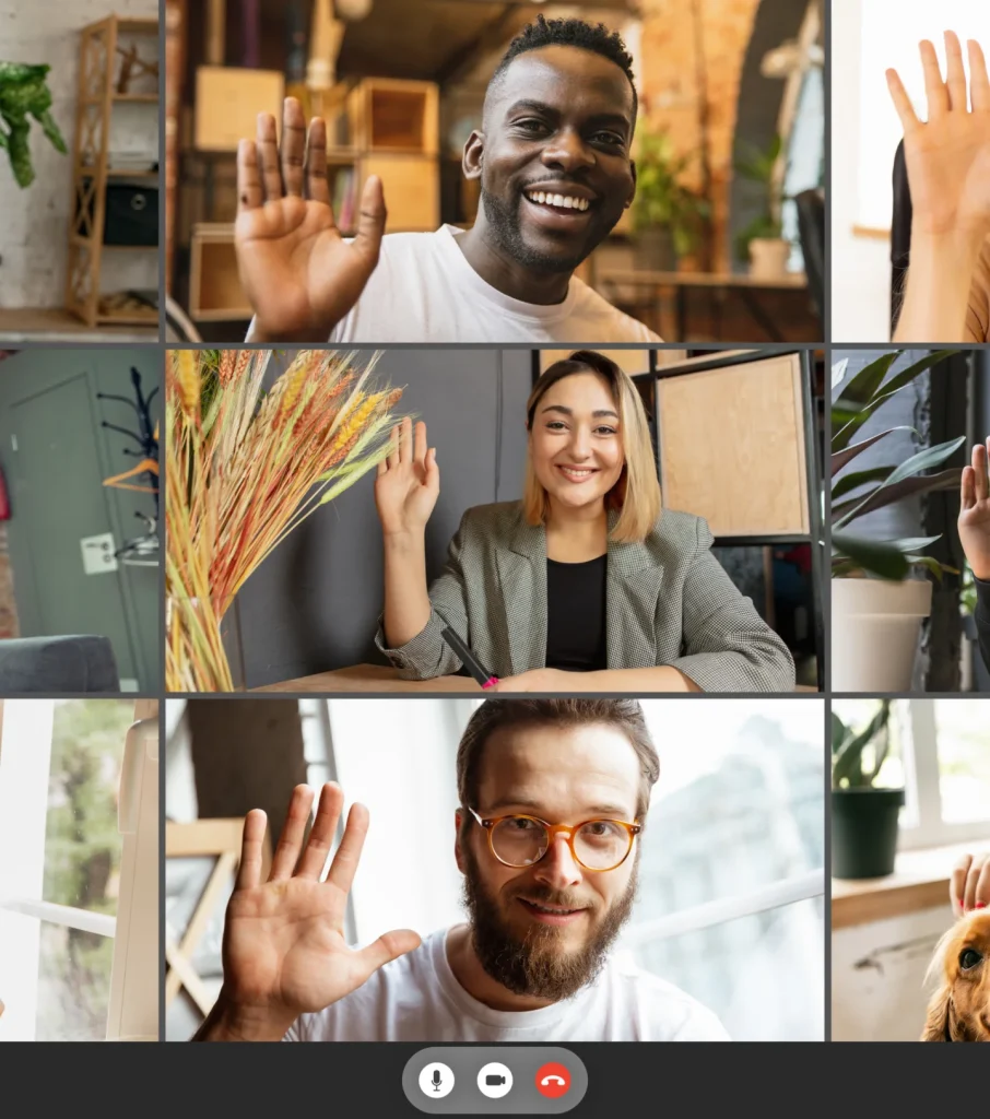 A video call screen shows three people smiling and waving at the camera from different locations, with a few hands from others visible. Plentiful home and office backgrounds add warmth, while icons for call controls are at the bottom.