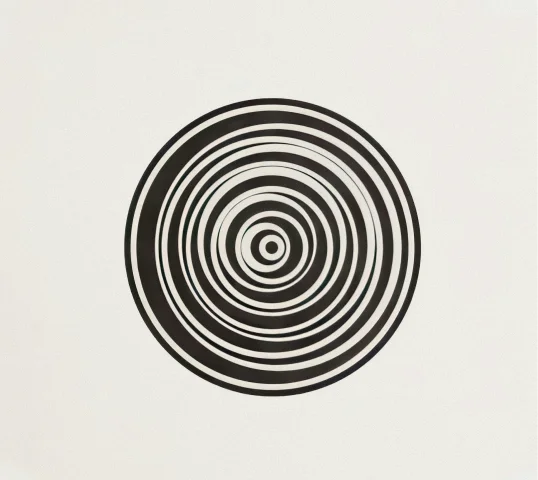 A series of black concentric circles of varying thickness centered on a white background, creating a hypnotic, optical illusion effect that evokes a sense of wellbeing.