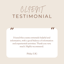 A beige graphic titled Client Testimonial features a positive review about Gut Reset: Feel Better From the Inside Out from Philip (UK). The testimonial praises the course for its helpful and informative content, noting its balanced mix of information and activities, and especially highlighting how the program effectively teaches you to naturally reset your gut.